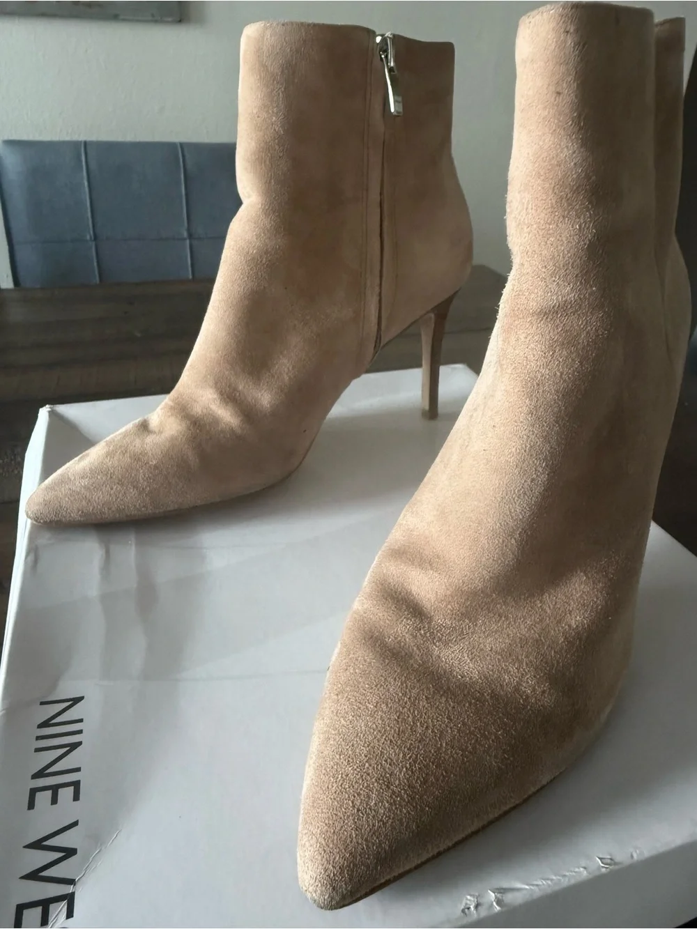 Nine West Fhayla Pointy Toe Booties - Light Natural Suede - Sz 6